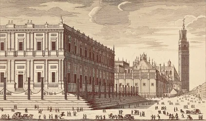Lonja de Comercio ("Handelsbyggnad") och en delvis vy av Sevillas katedral. Gravyr. SPANIEN. MADRID (AUTONOM REGION). Madrid. Nationalbiblioteket