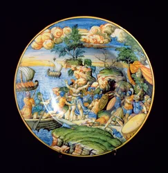Maiolica-tallrik föreställande bortförandet av Helena av Troja, italiensk