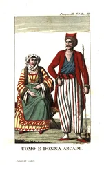 Man och kvinna i Arkadien, Peloponnesos, Grekland. Illustration från Francois Pouquevilles Resor genom More, Albanien och flera andra delar av det ottomanska riket
