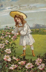 "Many Happy Returns", viktorianskt födelsedagskort (chromolitho)