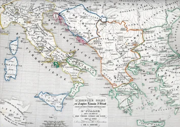Karta över det bysantinska riket under ockupationen av Bulgarien och Italien under Otto I, Otto II och Otto III Heliga romerska kejsarens regeringstid