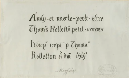 Mayfield Church - Inskription till Thomas Rolleston: pennteckning, nd [?1700-talet]
