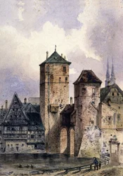 Medeltida stad vid Rhen, ca 1850-1900 (akvarell)