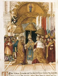 Möte mellan Fredrik Barberossa (Federico Barbarossa) och påven Alexander III (Alexander, Alessandro III) (1105-1181) i Dogepalatset i Venedig år 1177