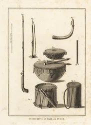 Militära musikinstrument: trumpet, horn, fife, vattenkokare, sidotrumma