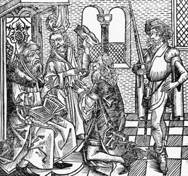 Mohammed vid hovet, tyskt träsnitt, från Nürnbergkrönikan (Liber Chronicarum) av Hartmann Schedel