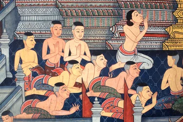 Munkar. Väggdetalj på innerväggarna i Vihara från kung Rama III:s era föreställande Ramakien. Wat Pho - Wat Phra Chetuphon. 1788. Bangkok. Thailand