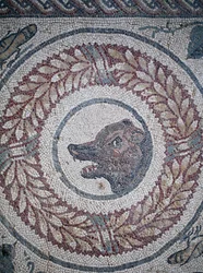 Mosaik av peristylen. Detalj som representerar en björns huvud. 3:e - 4:e århundradet. Romersk villa i Casale, Sicilien. UNESCO webbplats.