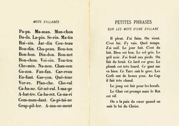 Ord stavelser och små meningar på orden i en stavelse - Gravyr extraherad från ABCD av de små flickorna. Pellerin & Cie, tryckare-förlag, Epinal, omkring 1890. Serie A. Mått: 19 x 13,5 cm.