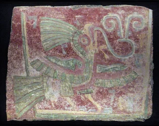 Väggmålningsfragment av en quetzal med sjungande virgula, tidig klassisk period, 200–600 e.Kr.