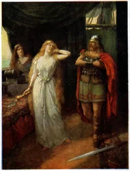 Musik. Opera. Tristan och Isolde. Illustration av Ferdinand Leeke för operan: Tristan und Isolde, av Richard Wagner (1865), Tyskland, ca 1910 (vykort)