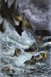 Myter och legender: Sinbad (Sindbad) och hans följeslagare efter de 1001 nätterna (tusen och en natt). Gravyr i färg av Gustave Dore.
