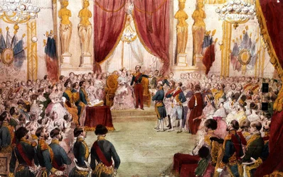 Napoleon III:s borgerliga bröllop 1853 : kejsaren presenterar sin hustru Eugenia för hovet, akvarell 1800-tal