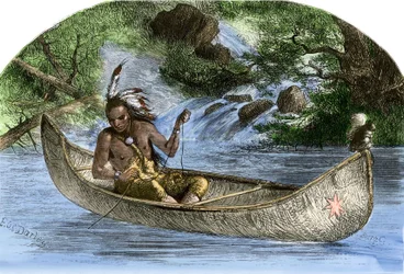 Ursprungsbefolkning i Amerika: Indianer. Hiawatha fiskar i en kanot. Färggravyr från 1800-talet.