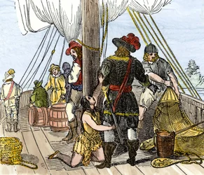 Ursprungsbefolkning i Amerika: Indianer. Pocahontas tillfångatagen ombord på ett skepp från Jamestown. Färggravyr från 1800-talet.