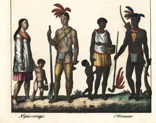 Infödda i Kanada: en indianfamilj från Lake Nipissing och en indianfamilj från Ottawa-området. Litografi för boken: "Galerie complete en tableaux fideles des peuples d