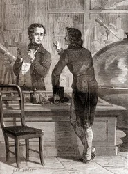 Nicéphore Niépce, även om den fortfarande är okänd och fattig, i Charles Chevaliers optik- och instrumentaffär, från Les Merveilles de la Science, publicerad ca 1870 (gravyr)
