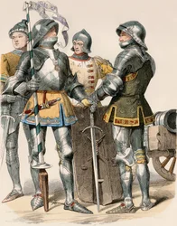Ädla riddare av Duche de Bougogne (Frankrike), i rustning och vapen, med en kanon