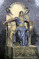 Nordisk mytologi: avbildning av guden Wotan (Oden). Färggravyr från 1800-talet.