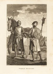 Normandiska soldater i ringbrynja och pansarpansar med sköld, lans, hellebard, framför militära kampanjtält