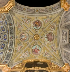 Norra tvärskeppet första västra spännet, Valv en kryssning, katedralen Santa Maria Assunta, Duomo, Cremona, Lombardiet, Italien (foto)