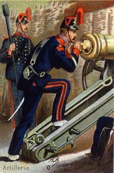 O: Artilleri. Gravyr i "Militäralfabetet". Illustratörens initialer: A. D. Okänd utgivare. Kromolitografier från slutet av 1800-talet. Mått: 10,5x7 cm.
