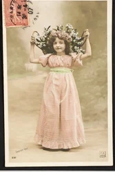Gammalt vykort/barn med blommor