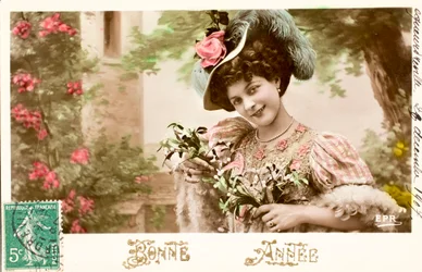 Gammalt vykort/Gott år/Wish/Woman Belle Epoque