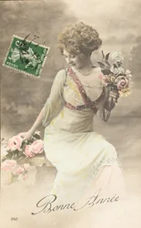 Gammalt vykort/Gott år/Wish/Woman Belle Epoque