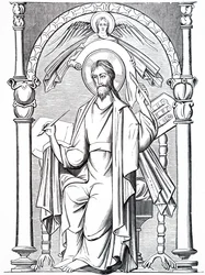 En av evangelisterna skriver på pergament