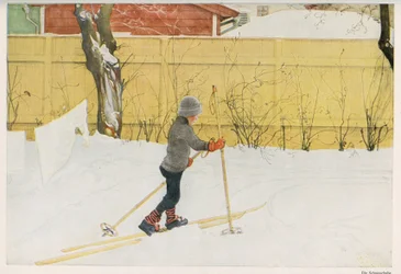 Ett av barnen till den svenske illustratören Carl Larsson (1853-1919) som lärde sig att röra sig på skidor. Teckning från "" Das haus in der sonne"" 1921