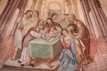 Our Lady of Assumption kyrka. Baby Jesus i synagogan Cordon Frankrike