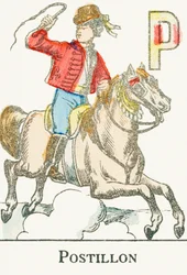 P: Postilion, en ung ryttare i kosackdräkt - Gravyr från "Alphabet des jeux", ca 1890