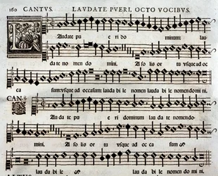 Sida med partitur av Laudate Pueri Psalm med 8 röster av Thomas Luis de Victoria