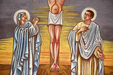 Målning. Jesu Kristi korsfästelse. Jungfru Maria och Sankt Johannes, Aneho, Togo