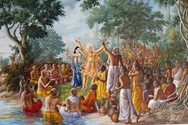 Målning på Bhaktivedanta Manor föreställande Lord Caitanya, Lord Nityananda och deras anhängare på stranden av floden Ganges.