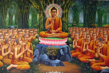 Målning som visar Buddhas undervisning till munkarna Udong Cambodge