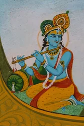 Målning föreställande Krishna på en båt. Indien