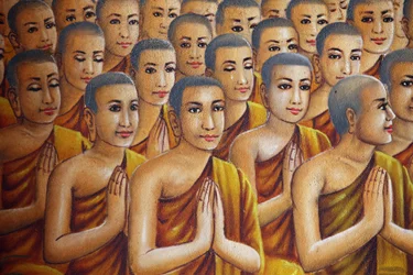 Målning som föreställer munkar (lyssnar på Buddha) Udong Cambodge