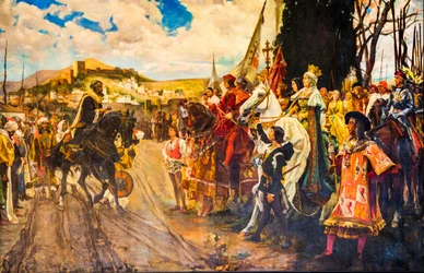 Målning av morerna som överlämnar nycklarna till drottning Isabella, Capilla Real, de katolska monarkerna Isabella I och Ferdinand II:s gravkapell, Granada, Andalusien, Spanien, Europa