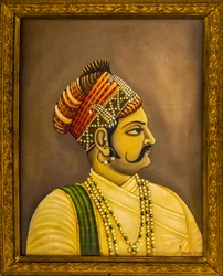 Målningar av Maharajas i City Palace, Jaisalmer, en exotisk stad i Thar-öknen, Jaisalmer, Rajasthan, Indien, Asien (foto)