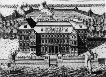 Palace of A, Menshikov på Vassily Island: En av de första byggnaderna som byggdes i St. Petersburg (1711-1716), gravyr av A, Zubov (1717), Ryssland.