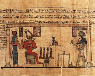 Papyrus ur Ousirours Första andningsbok, Thot väger Ousirours själ inför Isis och Osiris