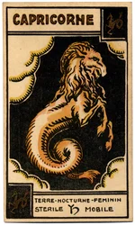 Paranormalt. Astrologi. Stenbocken (havet fick). Astrologiskt kort från: Le Tarot Astrologique (Astrologisk Tarot), av Georges Muchery, Frankrike