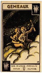 Paranormalt. Astrologi. Tvillingarna (tvillingarna). Astrologiskt kort från: Le Tarot Astrologique (Astrologisk Tarot), av Georges Muchery, Frankrike