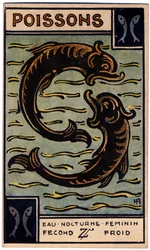 Paranormalt. Astrologi. Fiskarna (fisken). Astrologiskt kort från: Le Tarot Astrologique (Astrologisk Tarot), av Georges Muchery, Frankrike