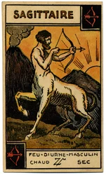 Paranormalt. Astrologi. Skytten (bågskytten). Astrologiskt kort från: Le Tarot Astrologique (Astrologisk Tarot), av Georges Muchery, Frankrike