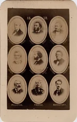 Pariskommunen (1871): porträtt av franska politiker från socialistpartiet: från vänster till höger och uppifrån och ned: Etienne Arago, Jules Ferry, Jules Simon, Jules Favre, Leon Gambetta, hector Cremieux, Pelletan, Trochu och Rochefort. Skriv ut på karto