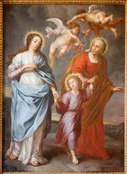 Församlingskyrka (Parochiale kerk Sint-Dionysius van Lede). Interiör. Norra gången. Altaret. Målning. Den heliga familjen.