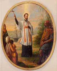 Församlingskyrka (Parochial Church Sint-Dionysius van Lede). Interiör. Målning som oval medaljong. Ett helgon som missionär.